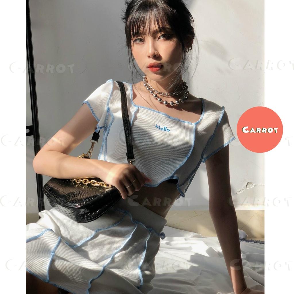 Áo croptop và chân váy set đồ nữ đi chơi đi du lịch sang chảnh phong cách hàn quốc trendy carrotxinhdep chất co giãn -91