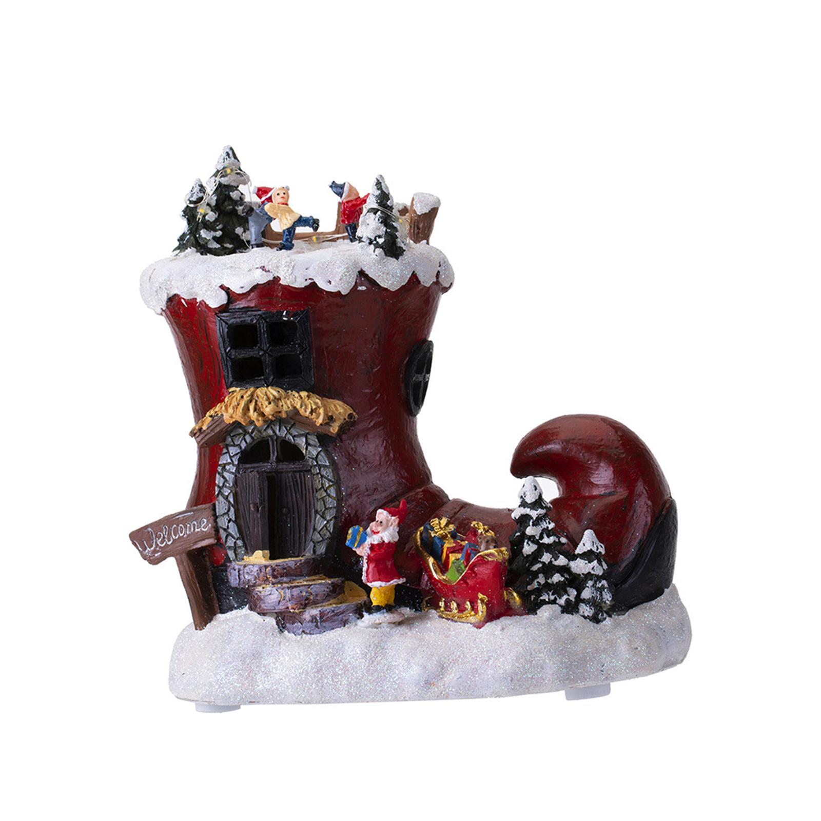 Rotating Boot House Music Box Christmas Ornament Table Centerpiece with Light Santa Claus Figurines for Home Dorm Restaurant