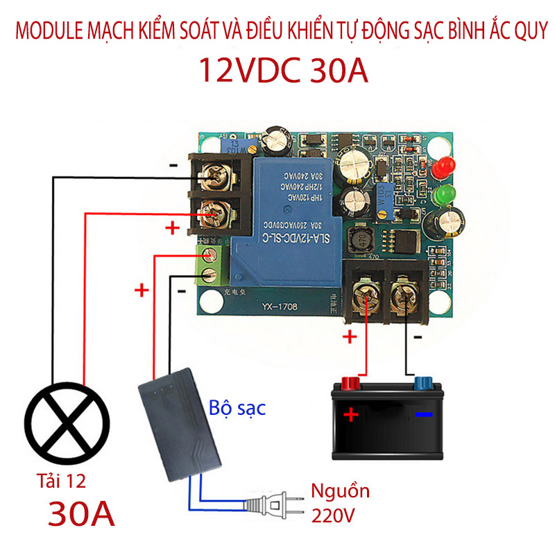 Module mạch kiểm soát và điều khiển tự động sạc bình ắc quy YX1708 -12VDC 30A