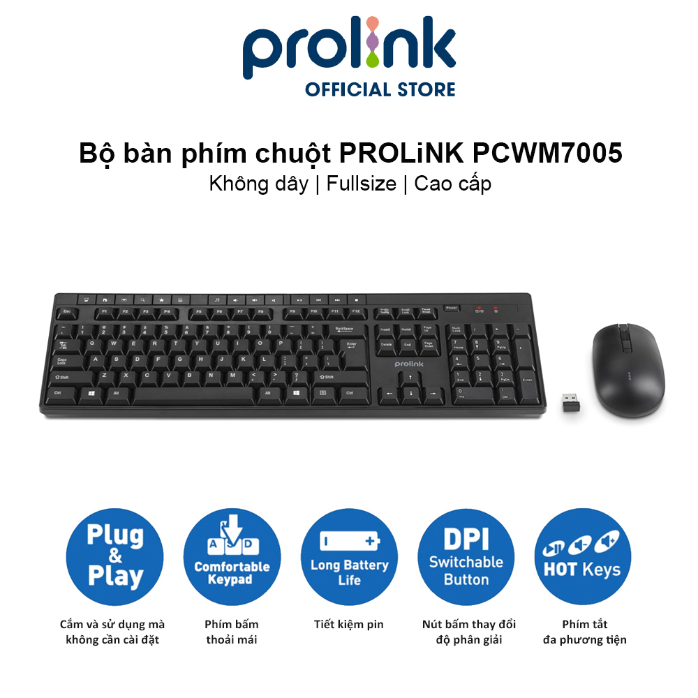 Bộ bàn phím chuột không dây PROLiNK PCWM7005 Fullsize cao cấp, chống thấm nước, thời lượng pin cao dành cho PC, Laptop - Hàng chính hãng