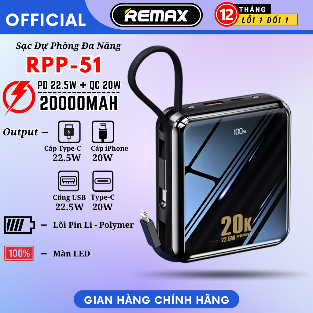 Sạc Dự Phòng Remax RPP-51 20000mAh Kèm cáp sạc - Sạc nhanh PD 20W Bảo Hàng Chính Hãng Remax 12 Tháng 1 Đổi 1
