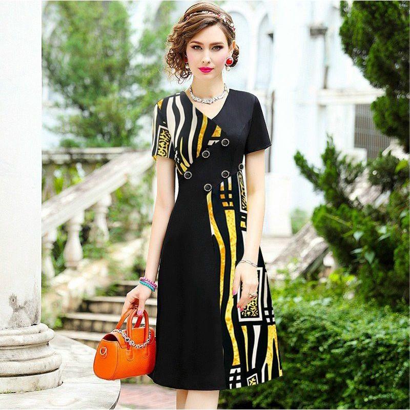 ĐẦM XOÈ ĐÍNH 6 NÚT PHỐI LỤA IN HOẠ TIẾT