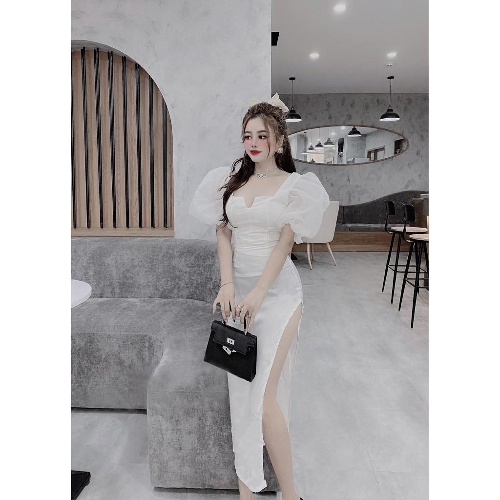 Đầm Body Dự Tiệc Cổ Vuông Tay Ngắn Phồng Vai Bo Eo Xẻ Tà - Vải Lụa - 2 Màu Đen, Trắng - Dành Cho Nàng Đi Tiệc