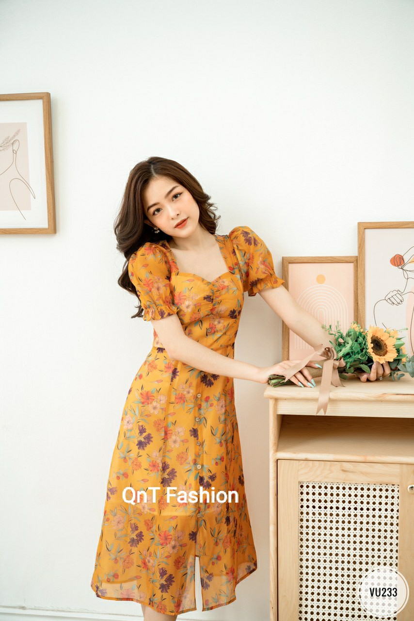 Đầm công sở thiết kế-Đầm voan hoa nhún ngực xẻ tà cổ vuông đi làm hay dạo phố