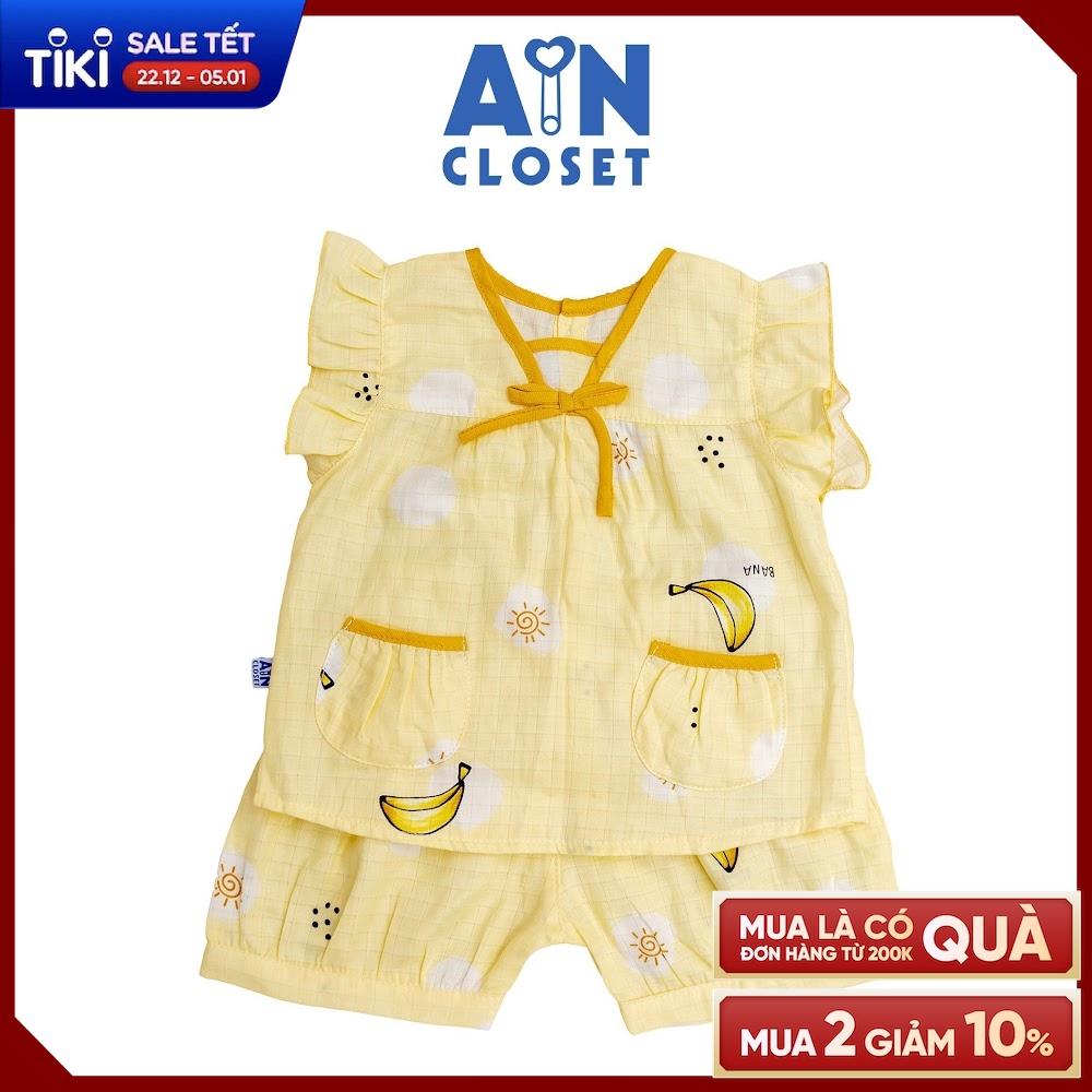 Bộ quần áo ngắn bé gái họạ tiết Chuối vàng nơ xô sợi tre - AICDBGMZGPKI - AIN Closet