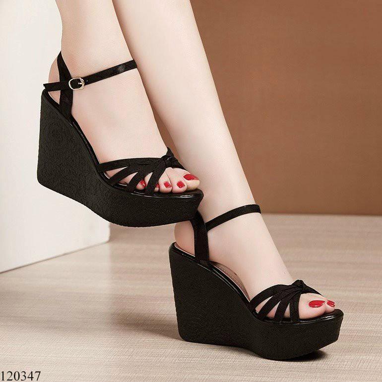 Giày sandal đế xuồng nữ 10cm,giày xăng-đan da quai chéo ngang cao 10 phân đen siêu nhẹ