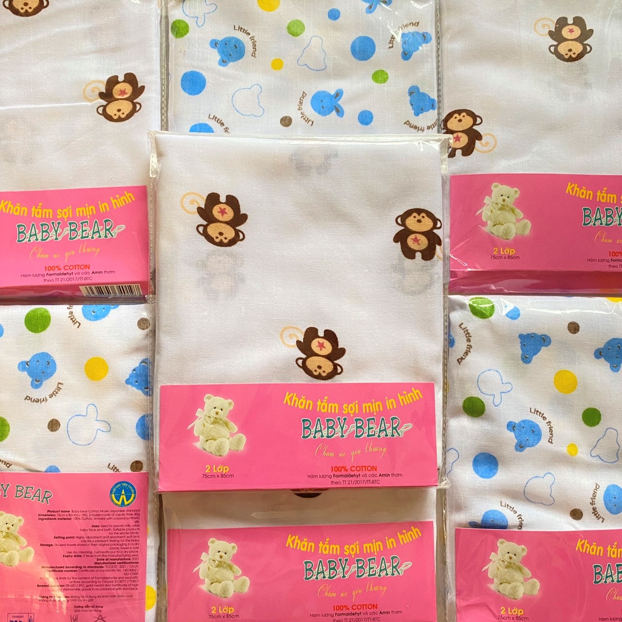 Combo 3 khăn tắm sơ sinh in hình 2 Lớp sợi mịn Baby Bear túi 1 cái 75x95 cm