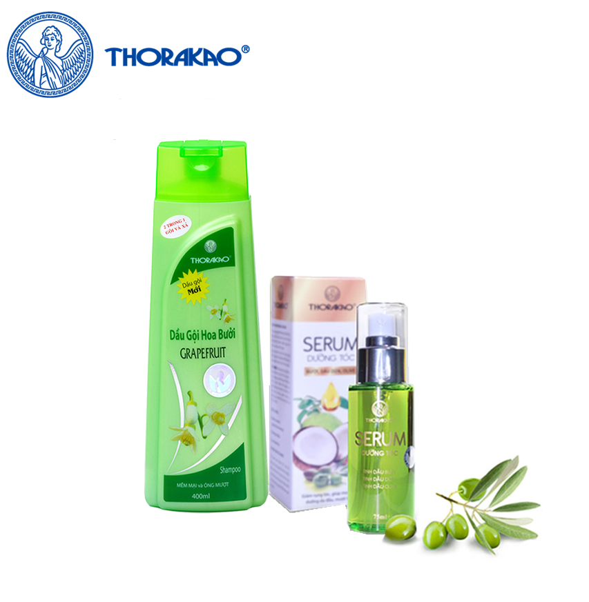 Bộ Sản Phẩm Dưỡng Tóc và Ngăn Rụng Tóc Thiên Nhiên Hoàn Hảo Từ Thorakao: Dầu Gội và Xả Hoa Bưởi 400ml + Serum Dưỡng Tóc Tinh Chất Bưởi, Dầu Dừa, Dầu Olive 75ml