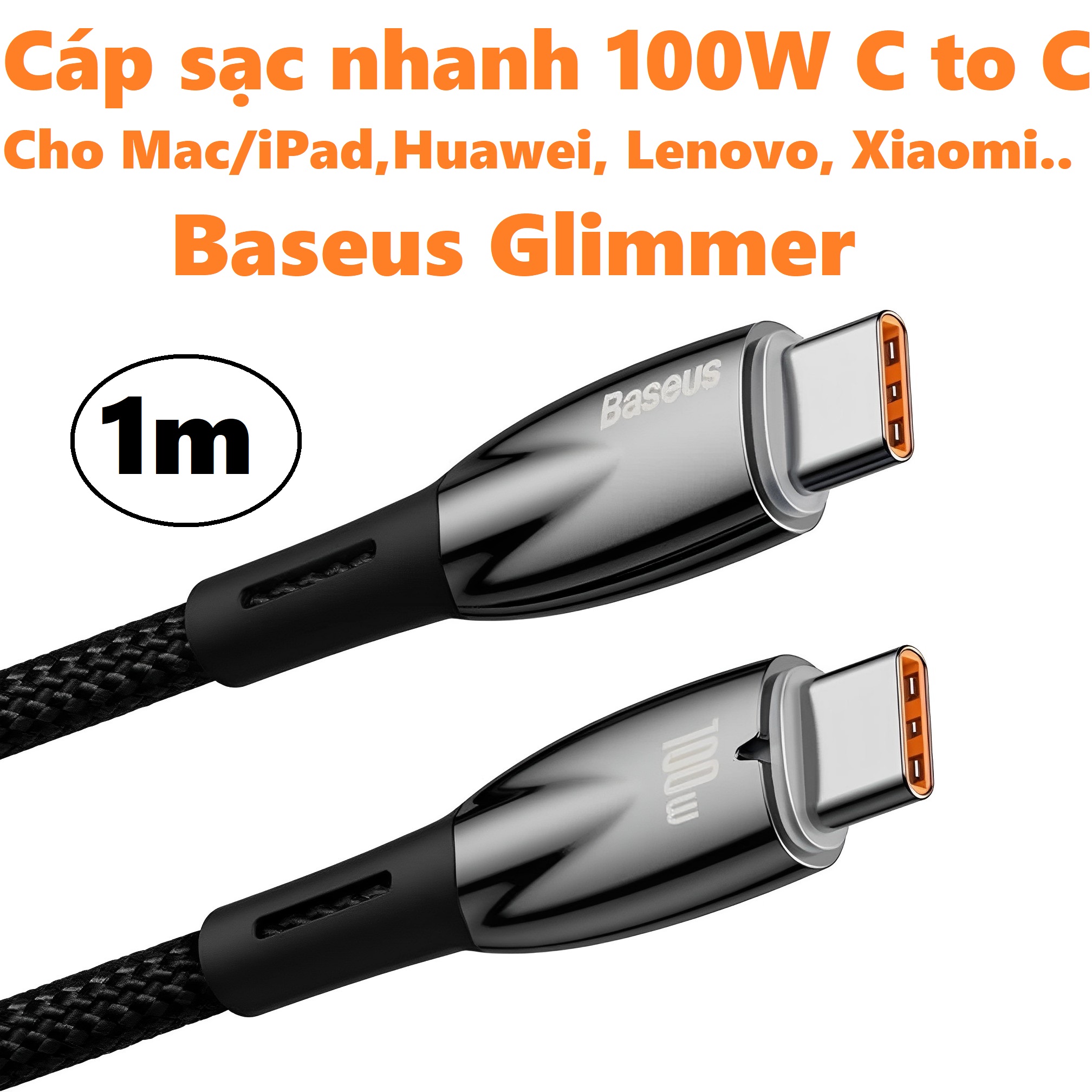 Dây sạc nhanh 2 đầu type C100W E-Marker chip siêu bền cho Macbook, ipad, laptop Baseus Glimmer CB000025 _ Hàng chính hãng