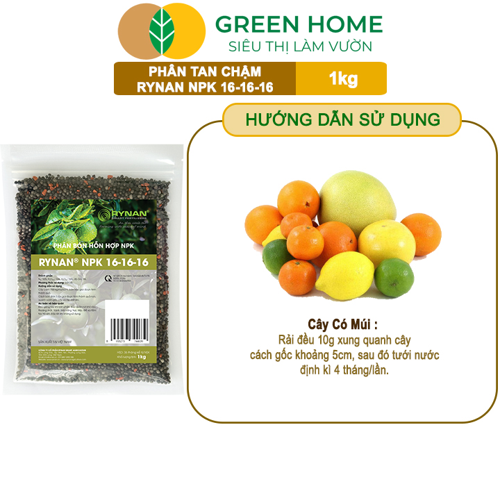Phân Tan Chậm GreenHome, Rynan NPK 16-16-16, Túi 1kg, Dùng Cho Cây Có Múi Khỏe Bền Tán Xanh Rễ Mạnh