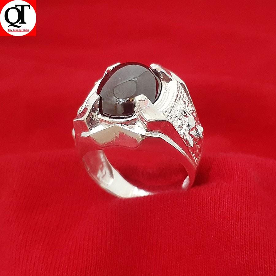 Nhẫn nam bạc ta đúc nguyên chiếc mặt đá hình ovan màu đỏ , đen trang sức Bạc Quang Thản – QTNU5