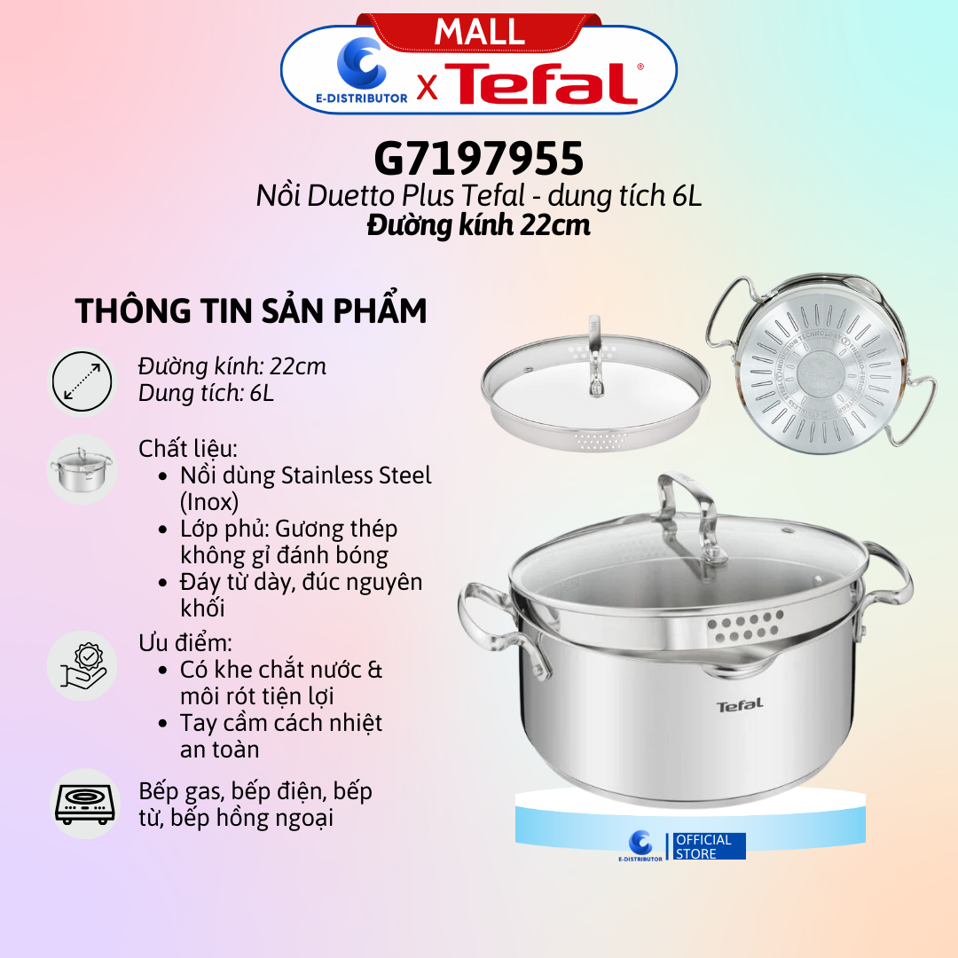 Nồi Duetto Plus Tefal G7197955/G7196455 (Đường kính 22cm/28cm) - Hàng chính hãng