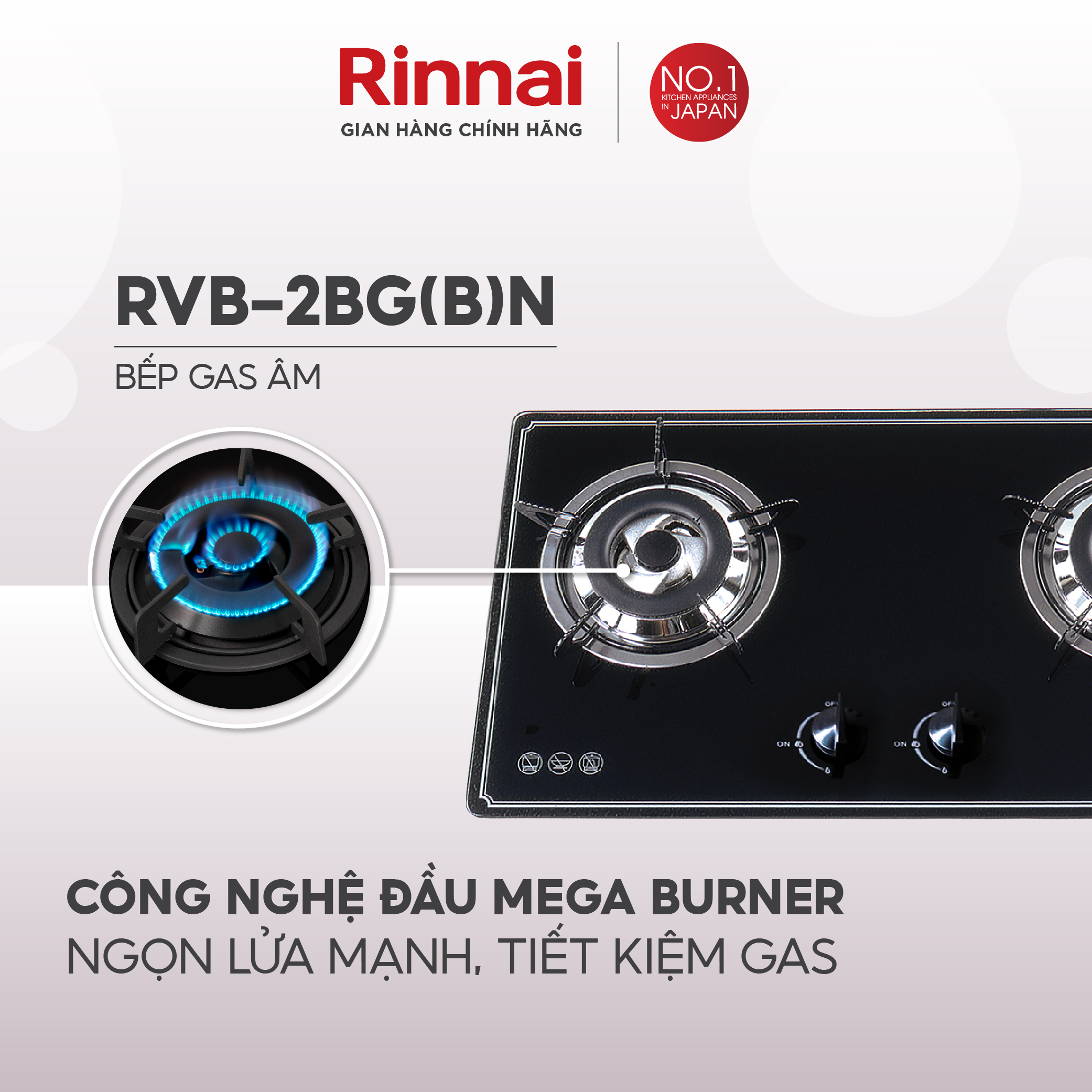 Bếp gas âm Rinnai RVB-2BGN mặt bếp kính và kiềng bếp men - Hàng chính hãng.