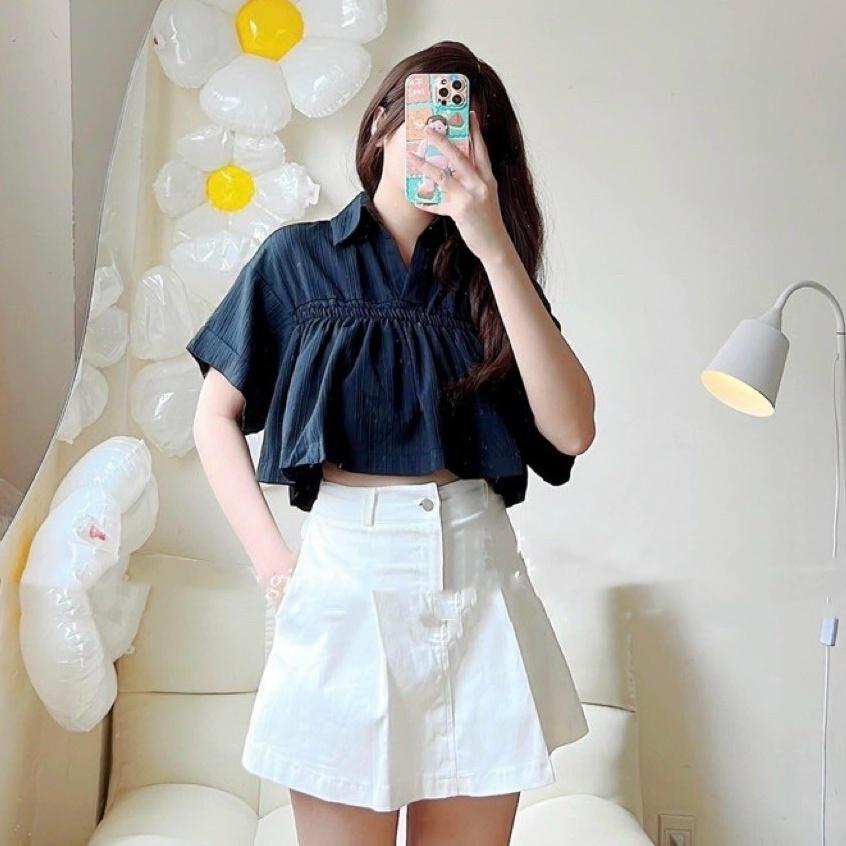 Áo sơ mi croptop nữ chất đũi có lót trong màu pastel dễ phối đồ - AO062