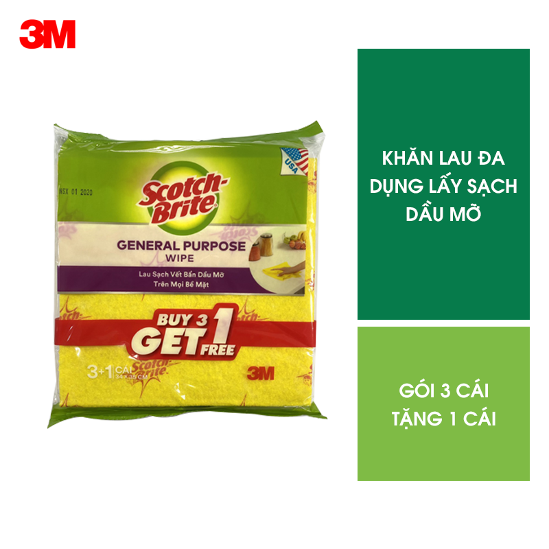 Combo 4 Khăn lau đa năng Scotch-Brite 3M 34x35cm không gây trầy xước, thấm hút nước gấp 20 lần, không để lại bụi