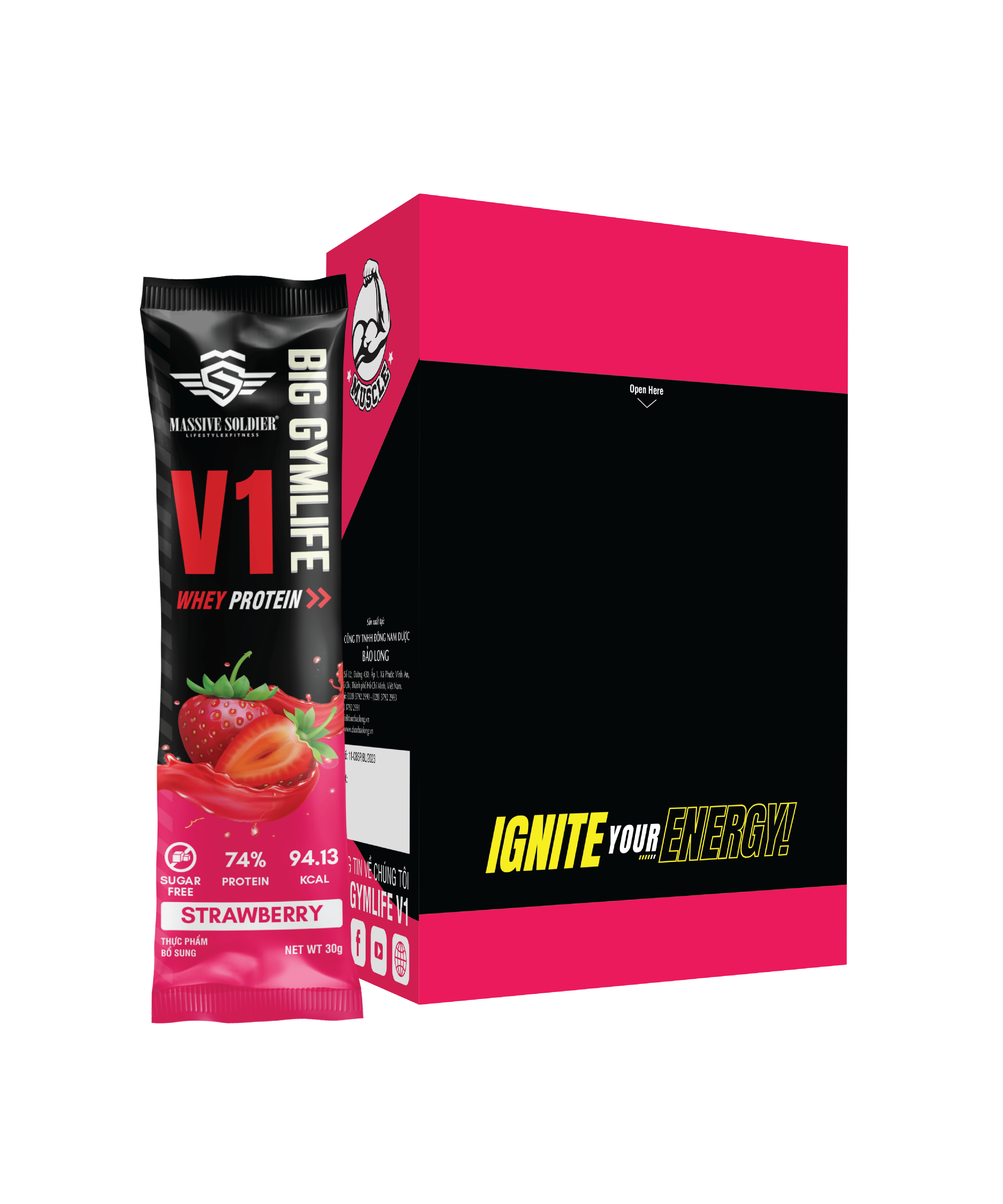 Bột Whey Protein BIG GYMLIFE V1 STRAWBERRY Bảo Long (Hộp 10 gói x 30g) - Hàng Chính Hãng