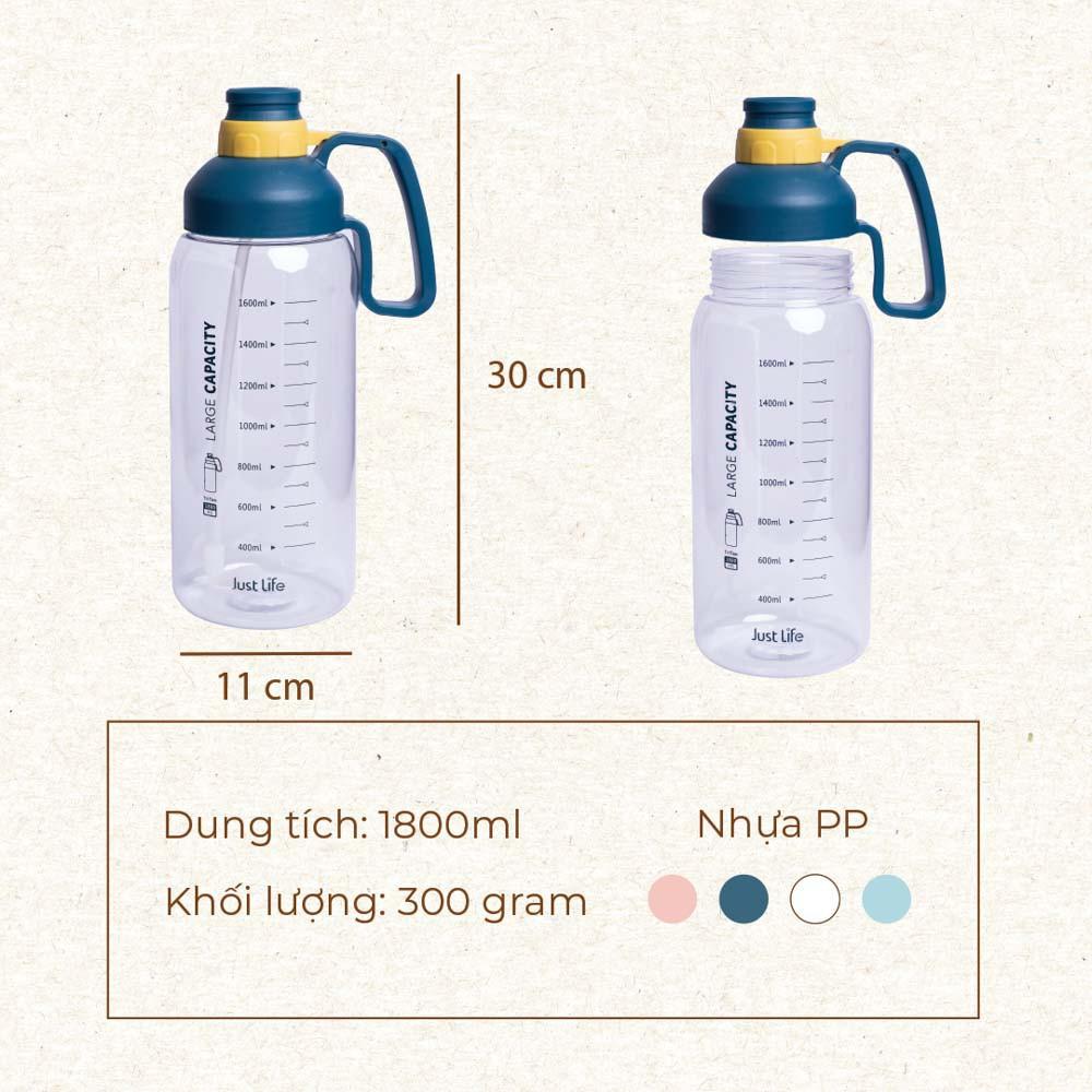 Bình Nước, Bình Đựng Nước Tập Gym, Detox 1800ml Nhựa TRITAN Cao Cấp Có Ống Hút