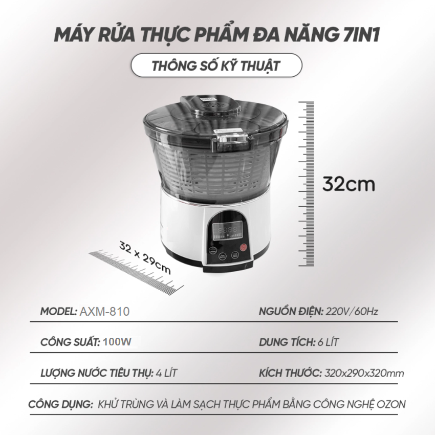 Máy rửa và khử khuẩn thực phẩm bằng Ozone cao cấp Septree AXM-810 6 Lít Công suất 100W