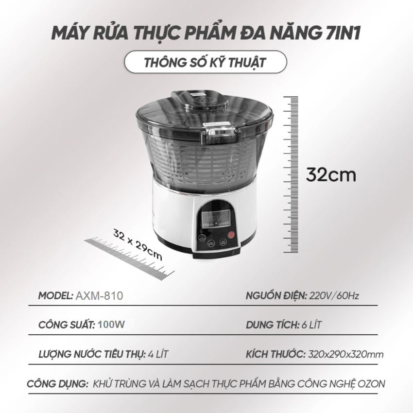 Máy rửa thực phẩm và khử khuẩn bằng Ozone Septree AXM-810 - Công suất 100W - Dung tích 6 lít