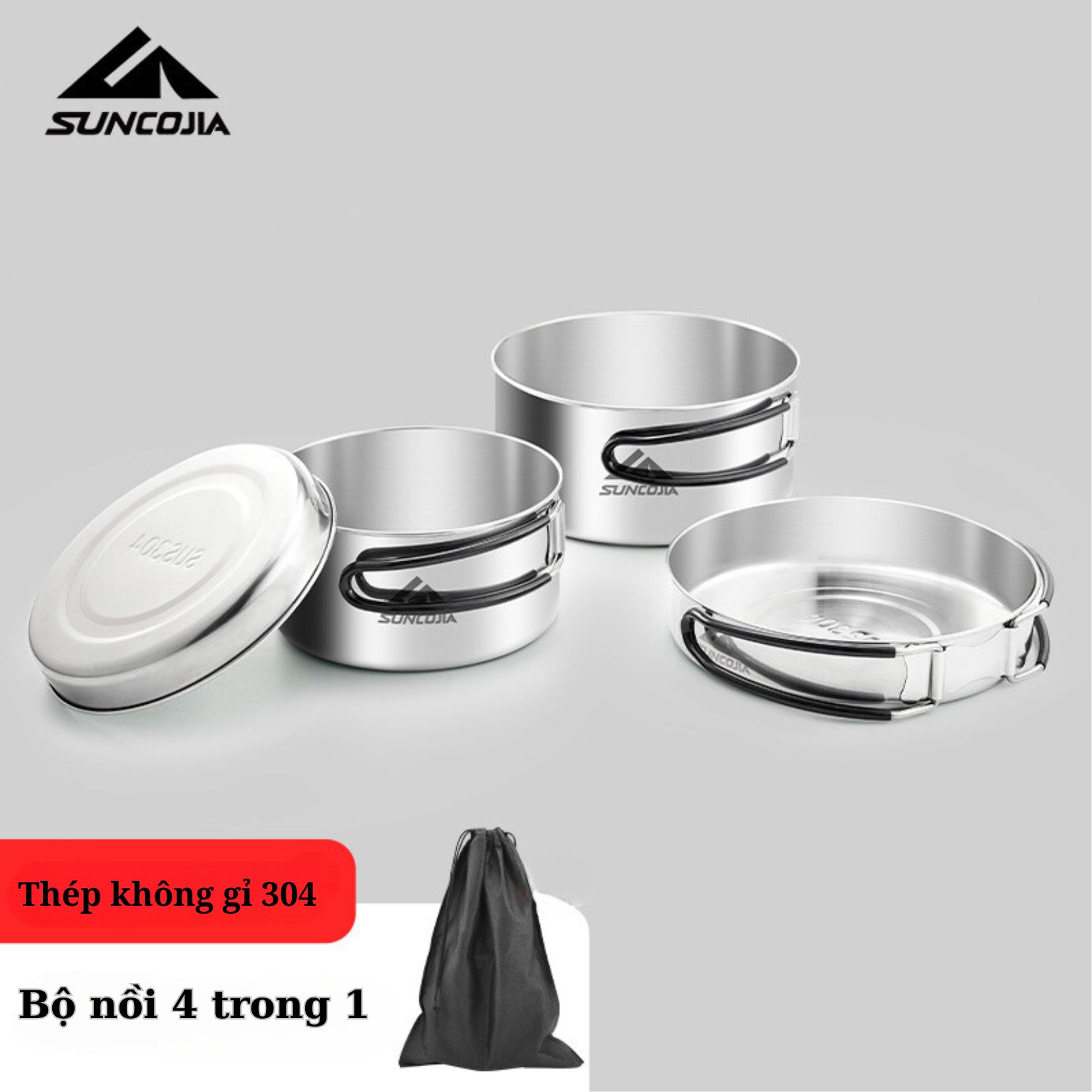 Bộ nồi gấp gọn dã ngoại Inox 304 Suncojia, bộ nồi cắm trại camping an toàn dễ mang theo