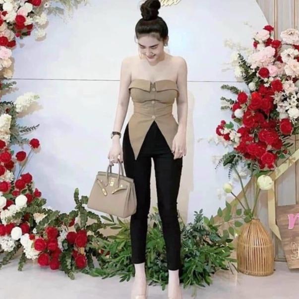 Áo ống cúp ngực phối nút CUN9140 cho nữ kiểu tôn dáng màu sáng da xinh xắn