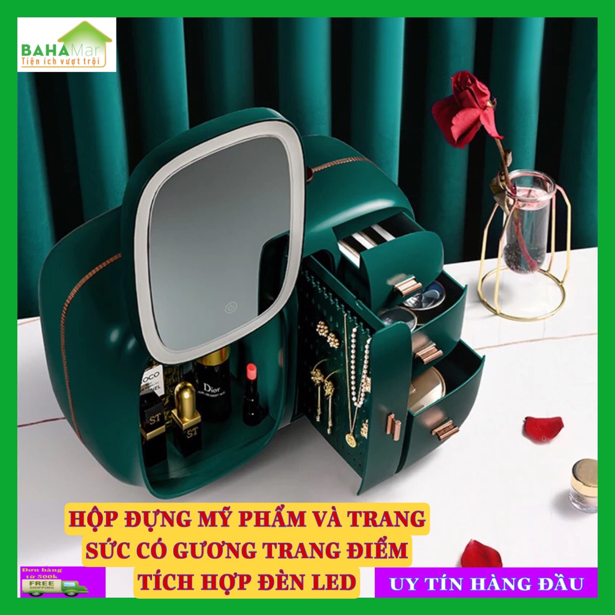 HỘP ĐỰNG MỸ PHẨM VÀ TRANG SỨC CÓ GƯƠNG TRANG ĐIỂM TÍCH HỢP ĐÈN LED &quot;BAHAMAR&quot; Thiết kế tay cầm dễ dàng mang đi di chuyển, chống bám bụi và chống thấm nước. Có gương trang điểm riêng biệt và dễ thương.