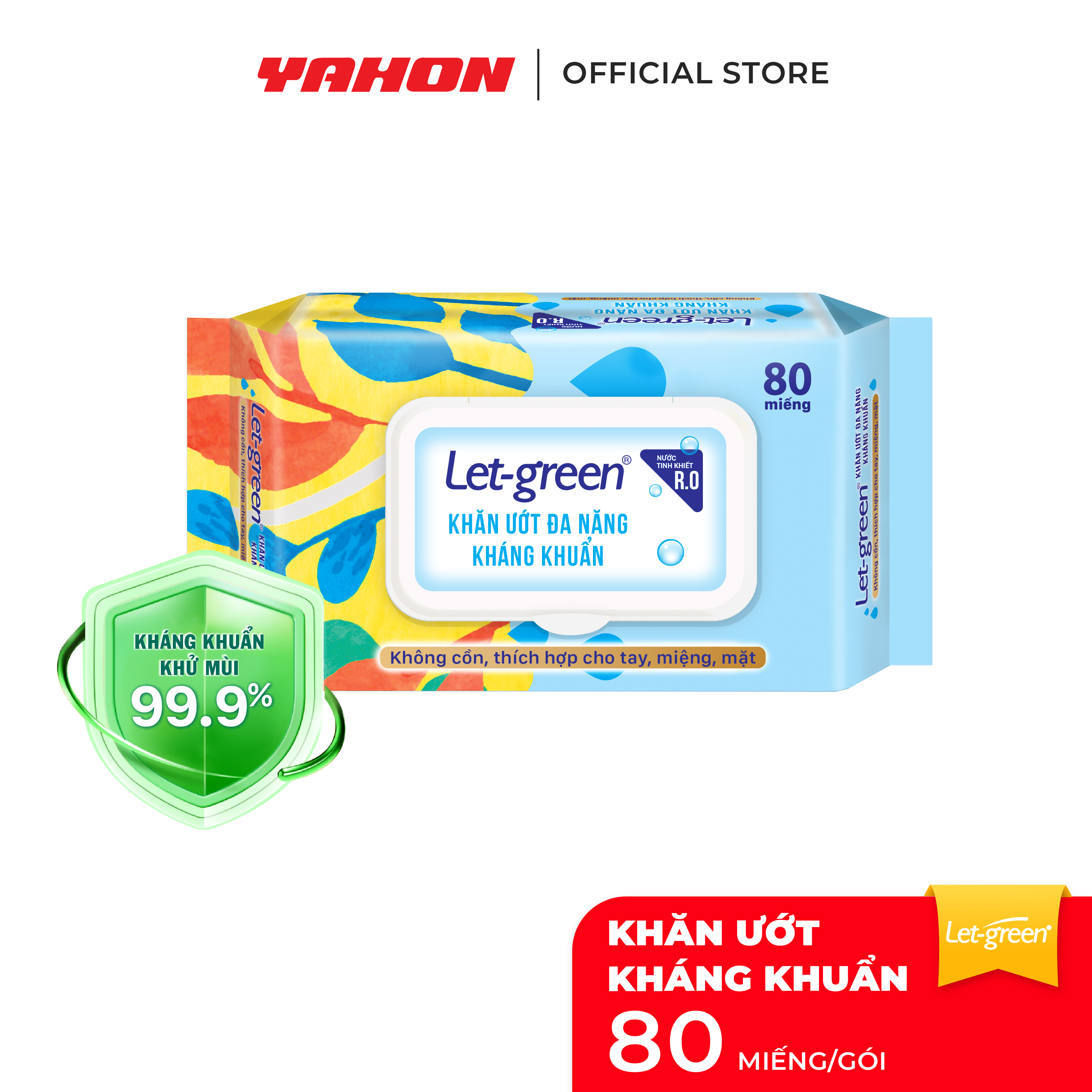 Khăn Ướt Đa Năng Kháng Khuẩn LET-GREEN | Không Cồn, Thích Hợp Cho Tay, Miệng, Mặt | 80 Miếng/Bao