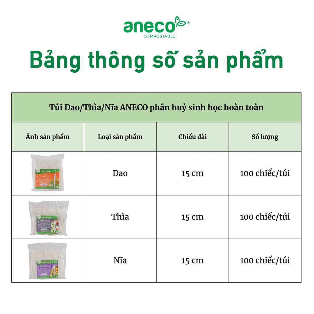 Túi Dao Thìa Nĩa ANECO phân huỷ sinh học hoàn toàn (100 chiếc