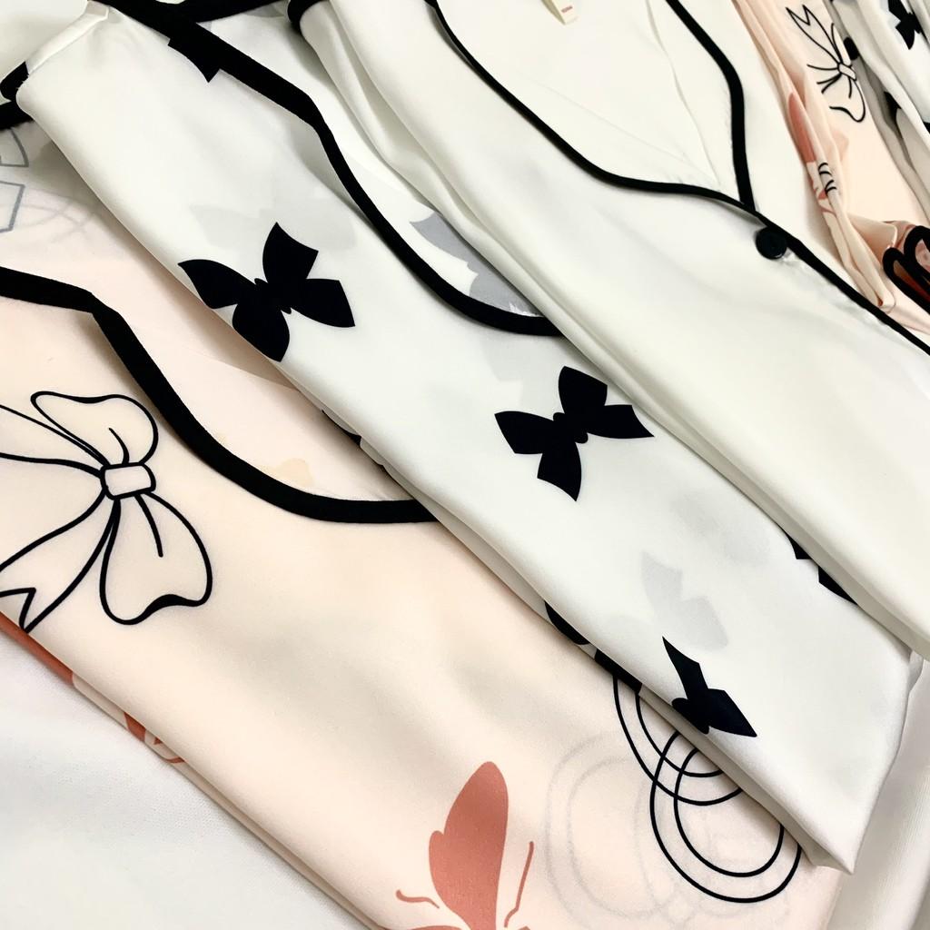 Pijama- Đồ Bộ Ngủ Cộc Vải Lụa Cao Cấp Viền Đen Họa Tiết CCLP10