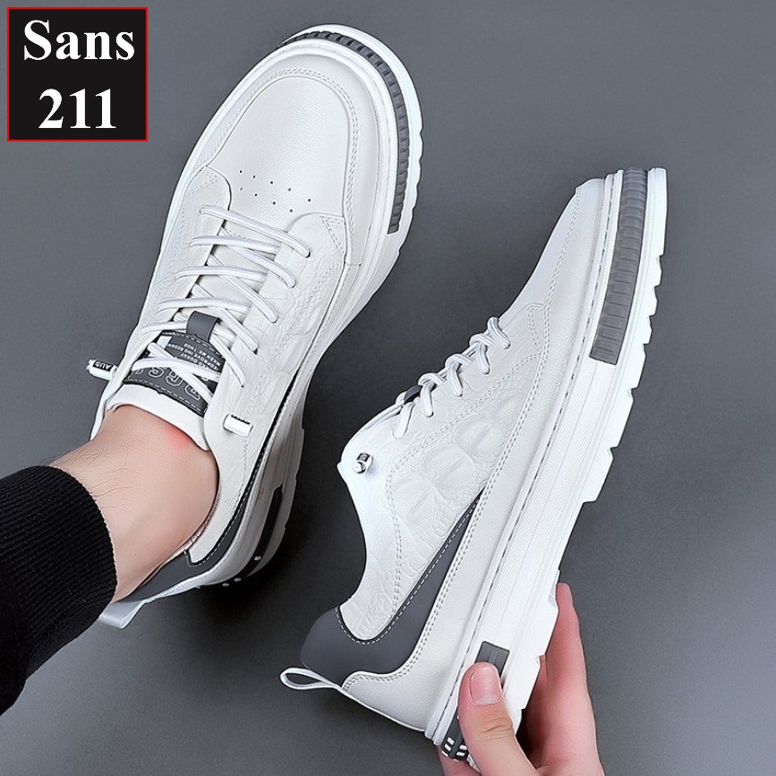 Giày thể thao nam độn đế 6cm Sans211 sneaker da bò thật tăng chiều cao đẹp màu trắng có size nhỏ 37 vân cá sấu full box