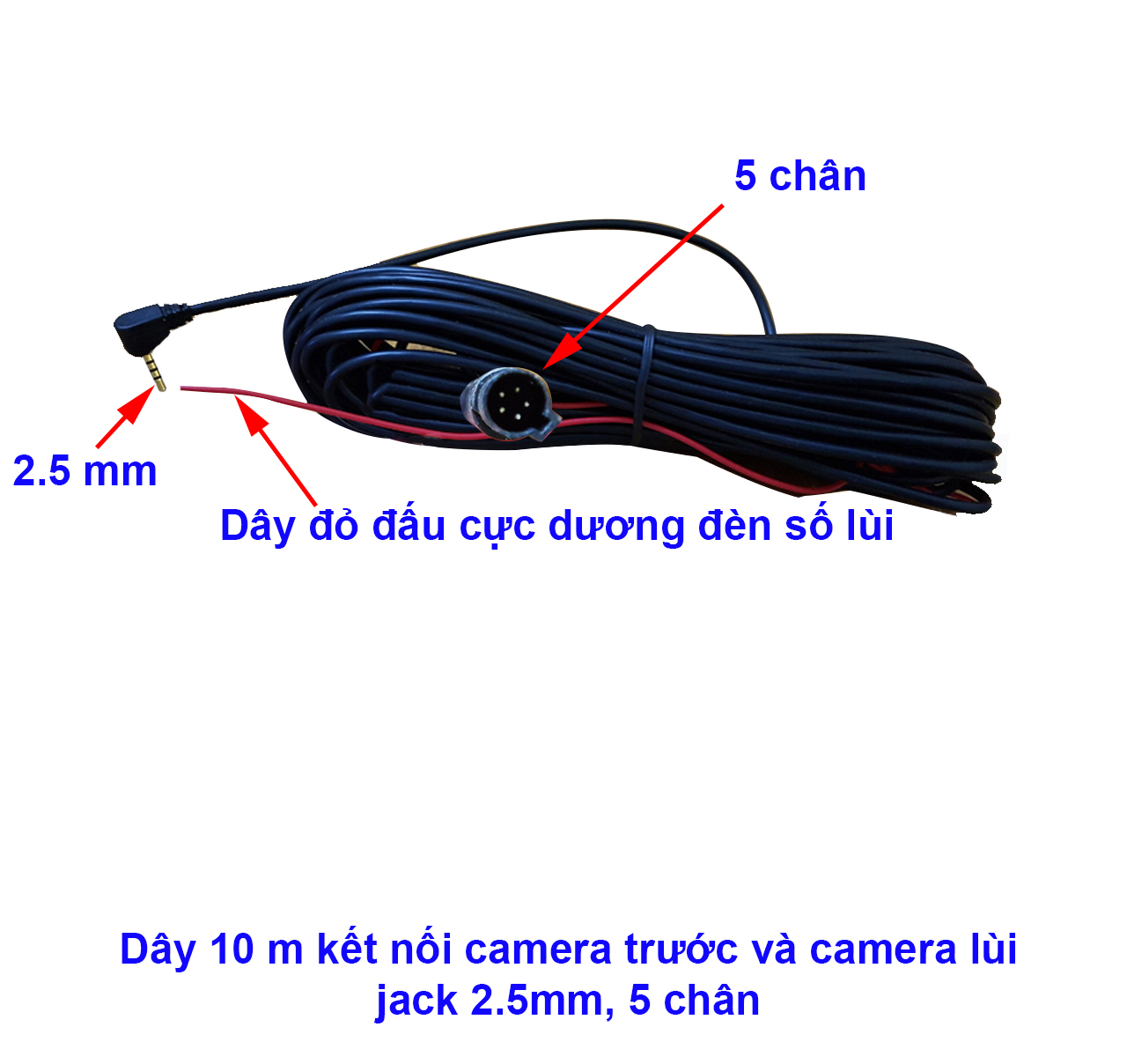 Dây 10m kết nối camera hành trình trước và camera sau, jack 2.5mm, 5 chân, nhiều sợi, mềm