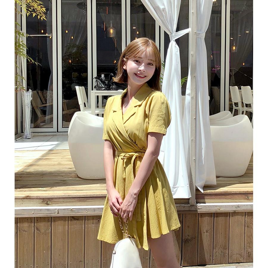 Đầm công sở hồng và vàng cổ vest cột nơ eo