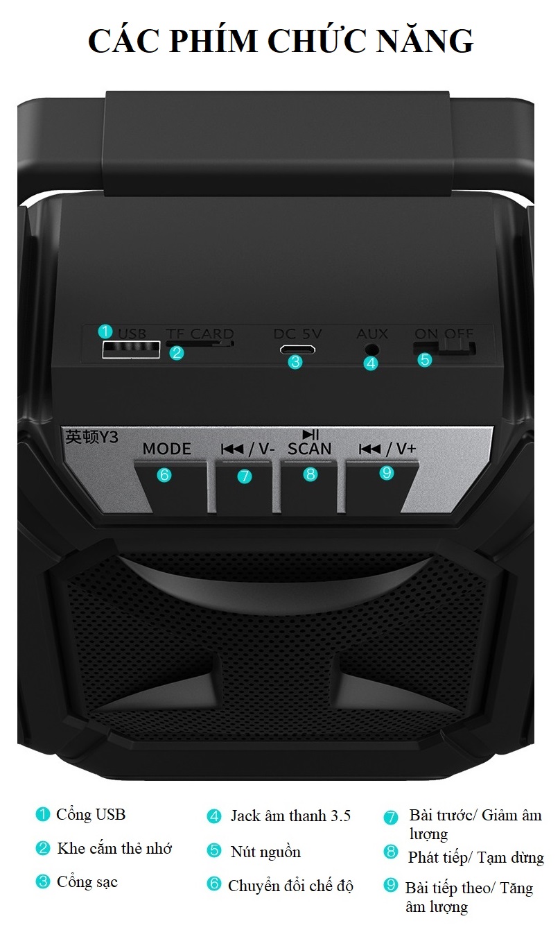 Loa Bluetooth Y3 Xách Tay Mini Kiêm Đài FM Có Đèn Led Phát Sáng - Hàng Nhập Khẩu