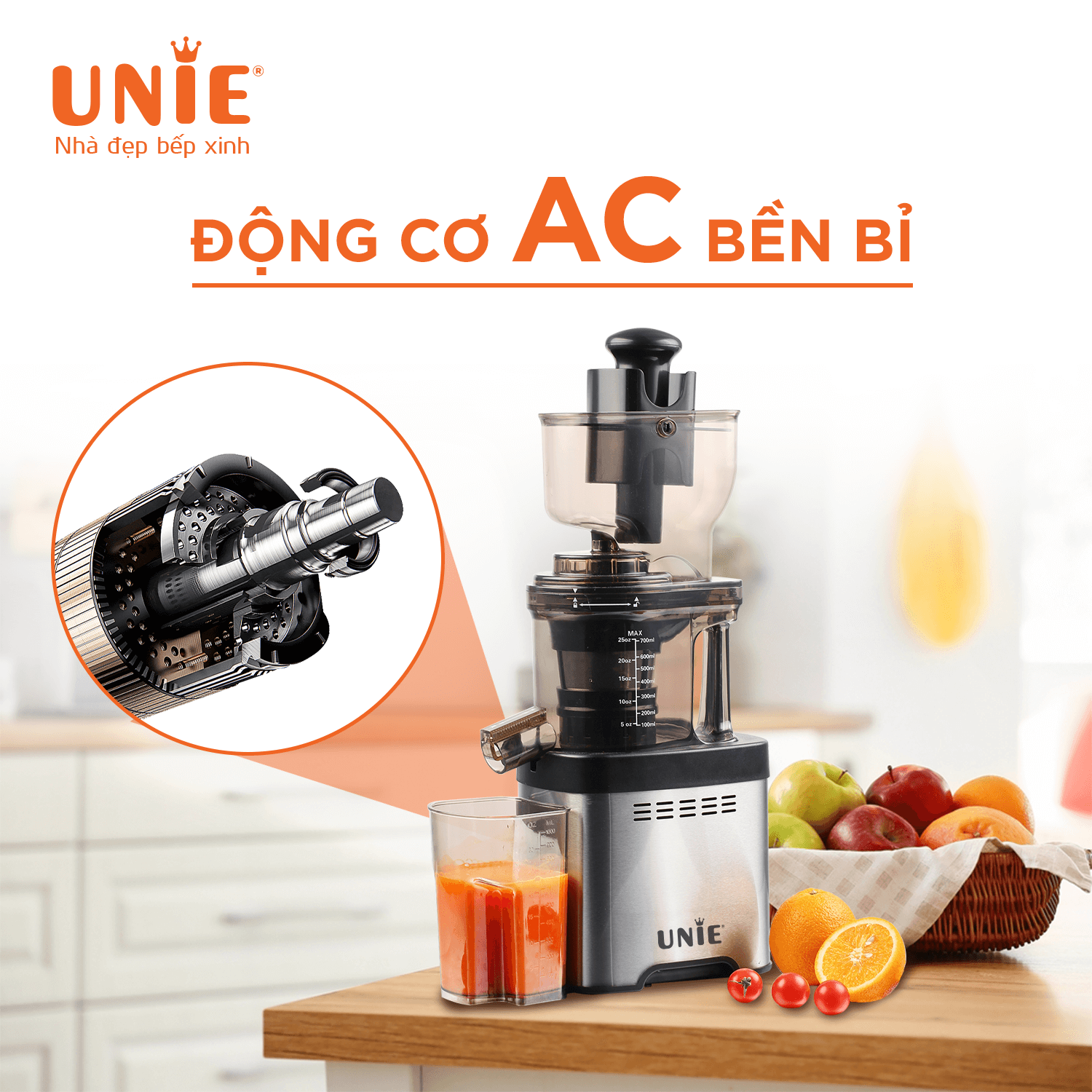 Máy Ép Chậm Cao Cấp UnieUSJAC91S Tiêu Chuẩn Đức Dung Tích 700 ML Công Suất 400 W - Hàng Chính Hãng