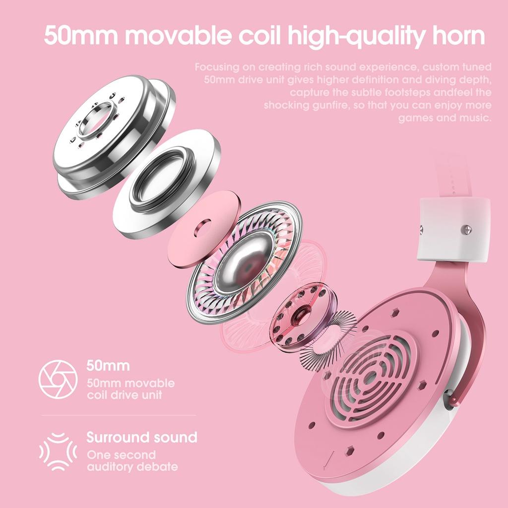 Tai nghe chơi game âm thanh nổi ONIKUMA X10 màu hồng trắng với micrô tai mèo RGB, có sẵn máy tính PC