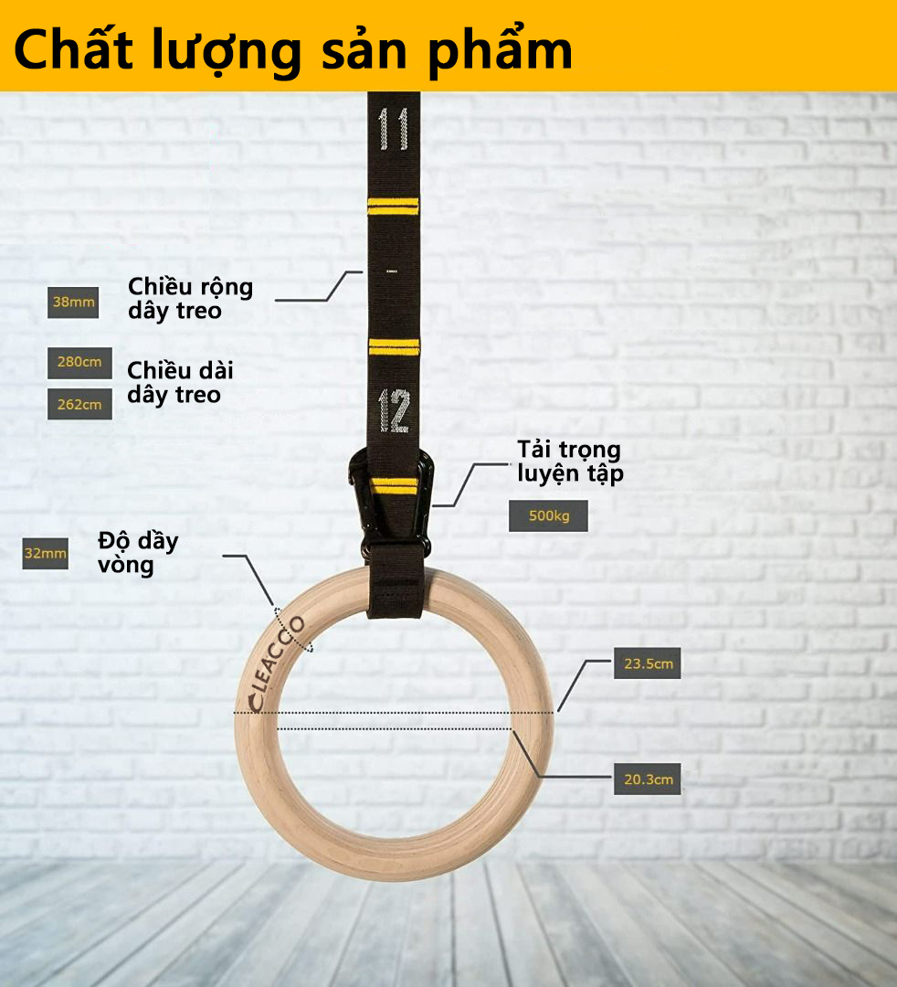 Vòng treo gỗ Gymnastic Rings Cleacco có vạch kẻ số , khóa cài thông minh tiện lợi , chắc chắn treo xà đơn , các bài tập dip rings , street workout , bảo hành 12 tháng - BORO SPORT