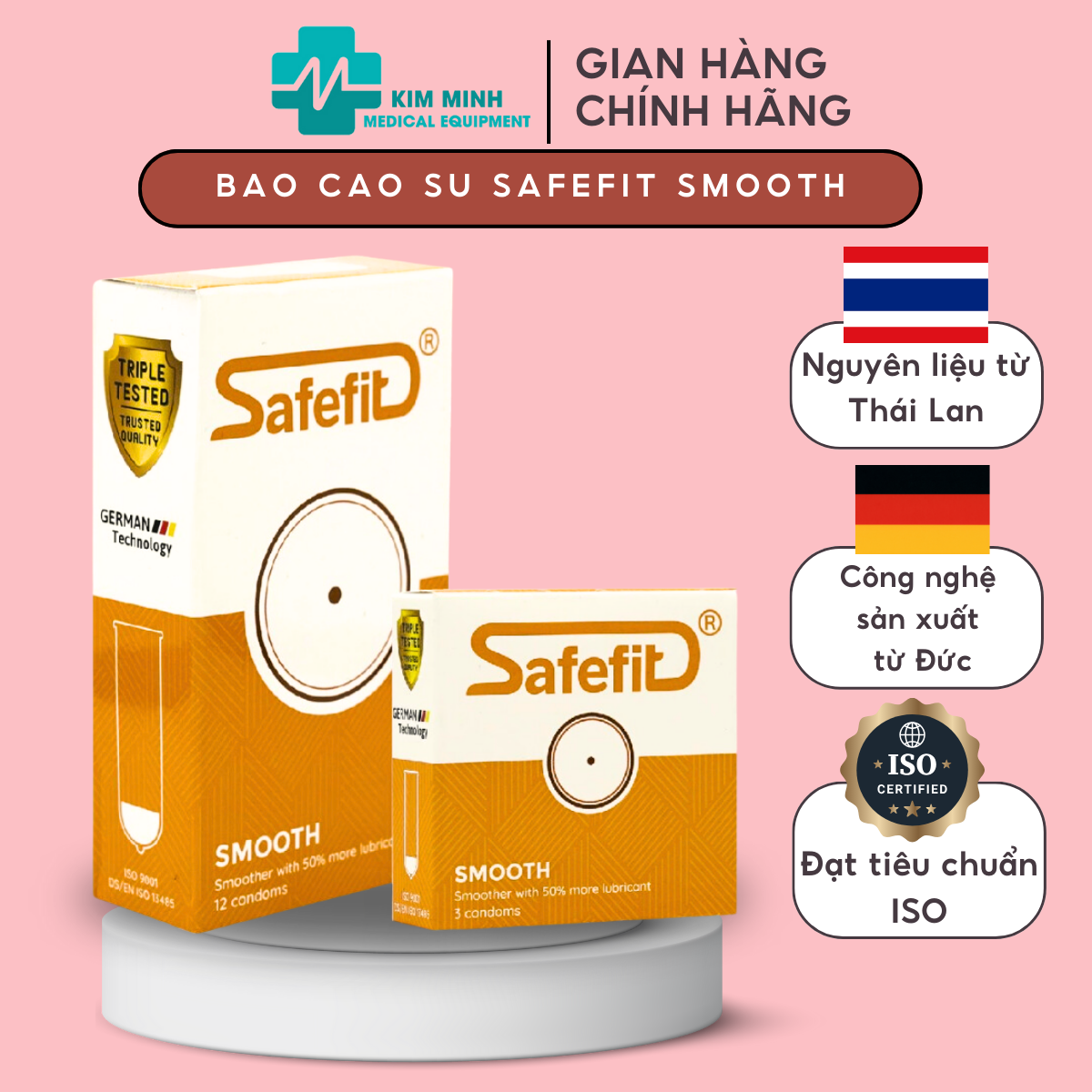Bao cao su Safefit Smooth hộp 3 chiếc, 12 chiếc siêu mỏng nhiều gel bôi trơn