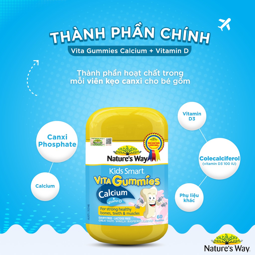 Kẹo Dẻo Canxi Cho Bé Nature’s Way Kids Smart Vita Gummies Calcium + Vitamin D 60 Viên