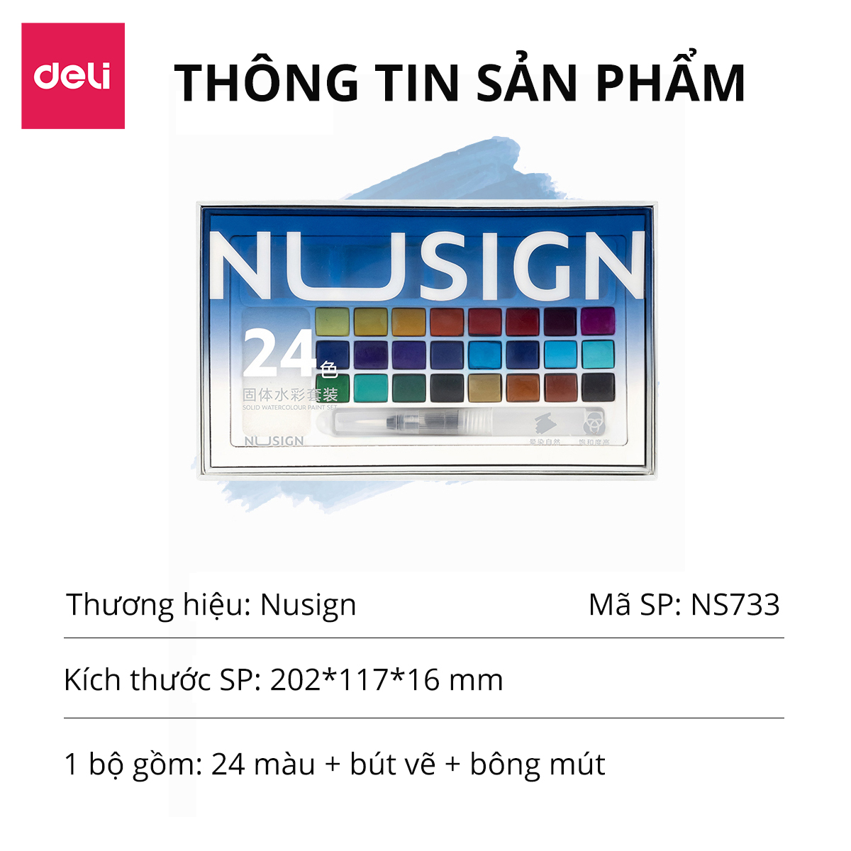 Màu Nước Dạng Nén Cao Cấp 24 Màu Nusign - Kèm Bút Vẽ, Bông Mút Chuyên Nghiệp, Màu bền, đậm, Dễ Loang Màu