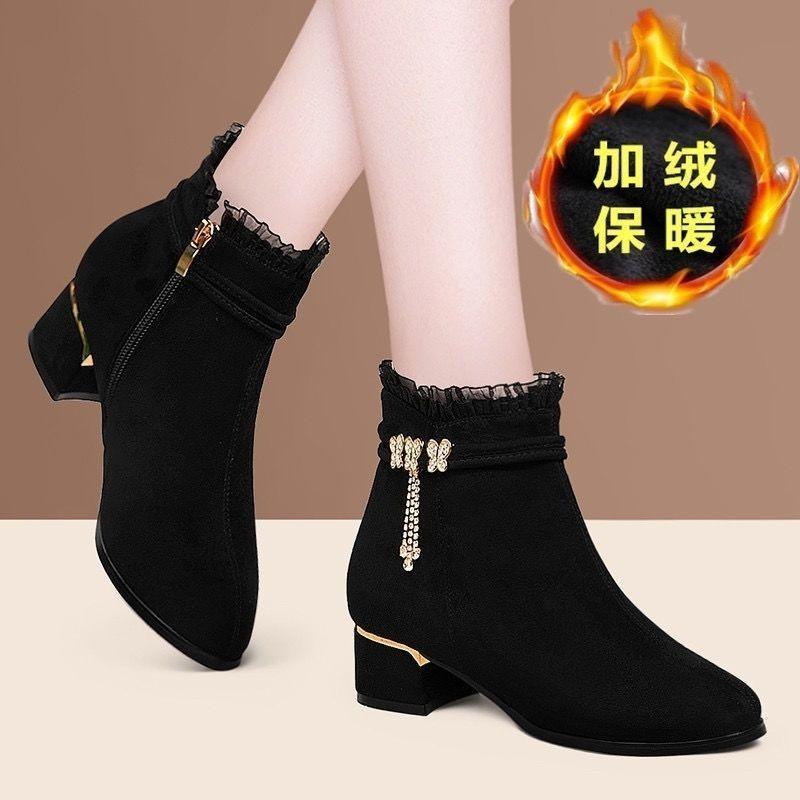 Giày Bốt Da Nubuck Gót Thấp Mũi Tròn Lót Cotton Mềm Đính Đá Thời Trang Thu Đông 2022 Cho Nữ