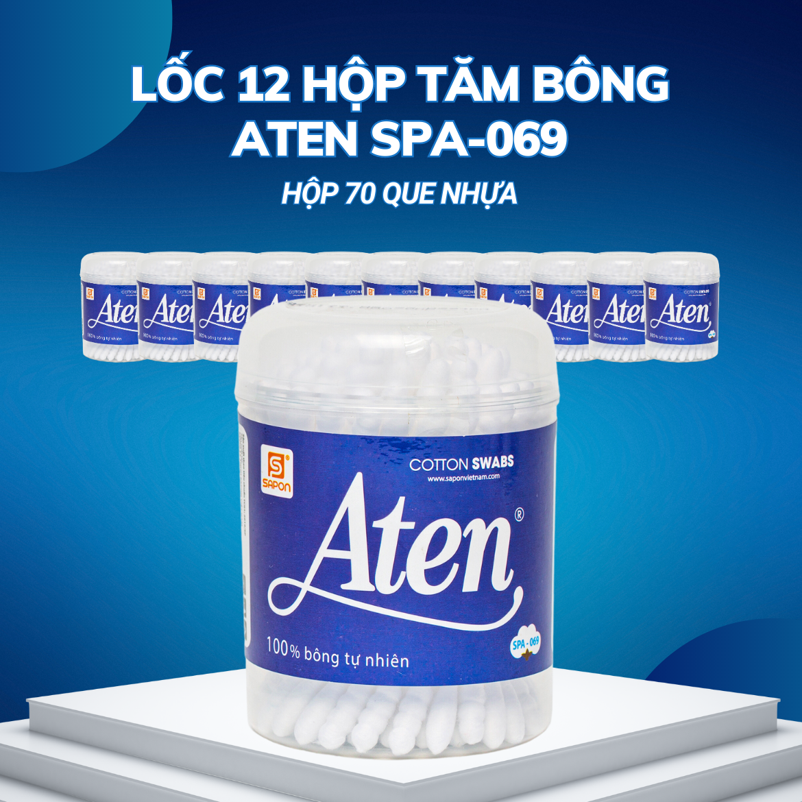 Lốc 12 hộp Tăm bông người lớn thân nhựa hộp 70 que Aten SPA-069