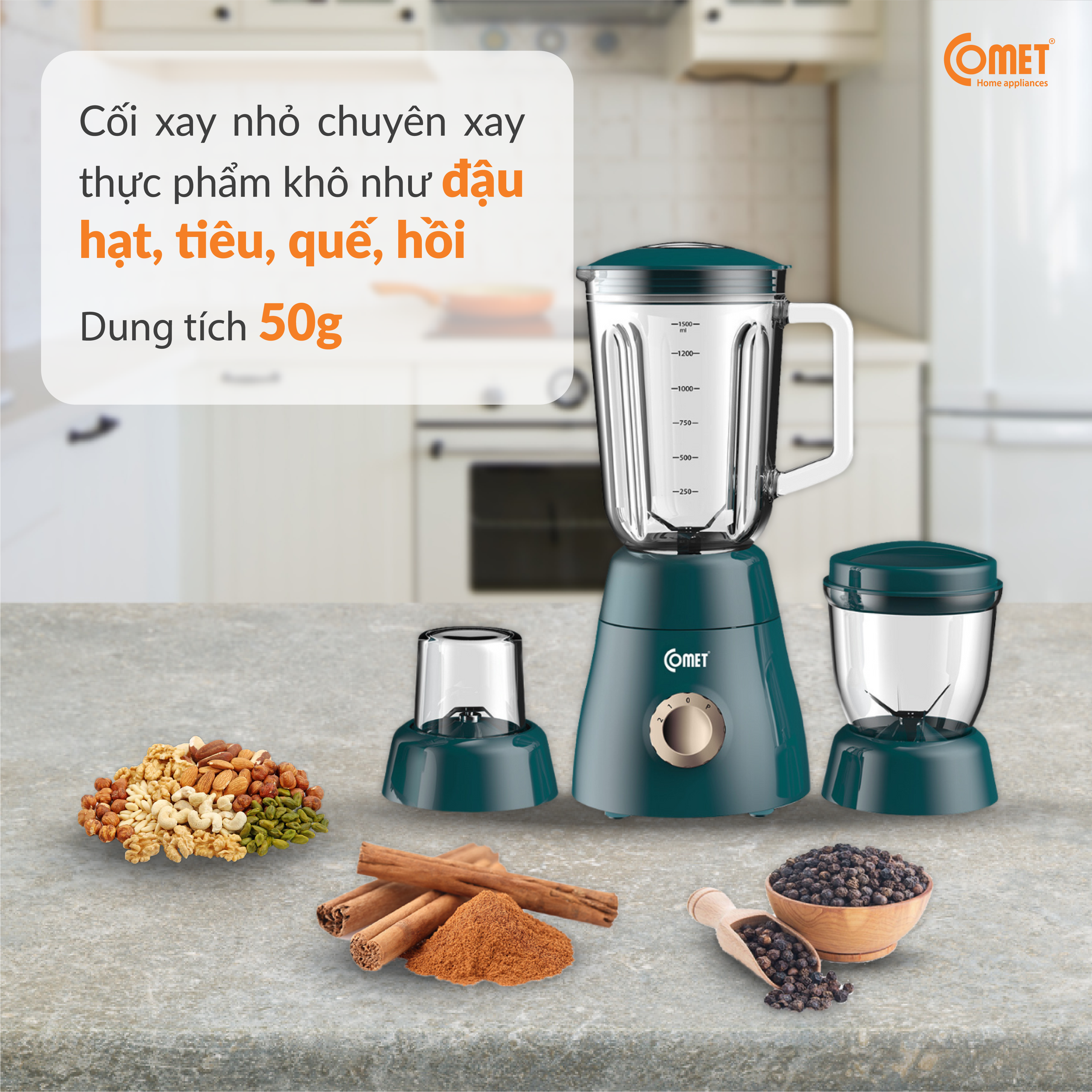 Máy xay sinh tố Comet CM9979 – 3 cối thủy tinh và nhựa cao cấp, công suất 450W – Xay sinh tố, thịt, hạt – Dung tích 1.5L – Hàng chính hãng, bảo hành 1 năm