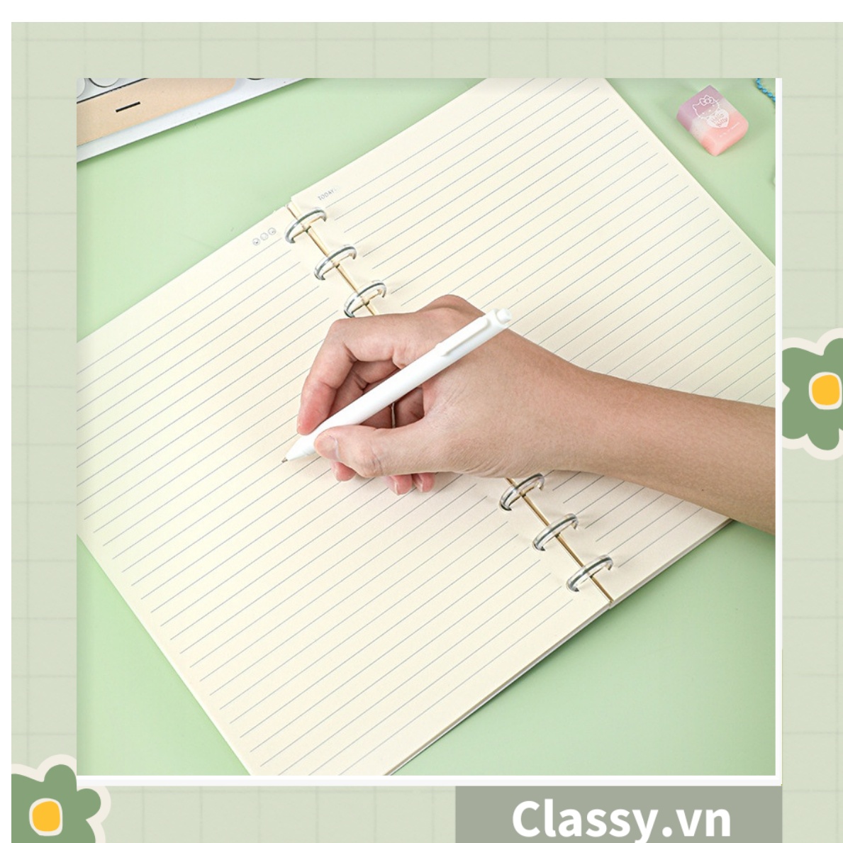 Sổ tay bìa mềm sổ lò xo có thể thay thế lõi, họa tiết vịt Gaga màu xanh, 100 trang kích thước A6 PK1797