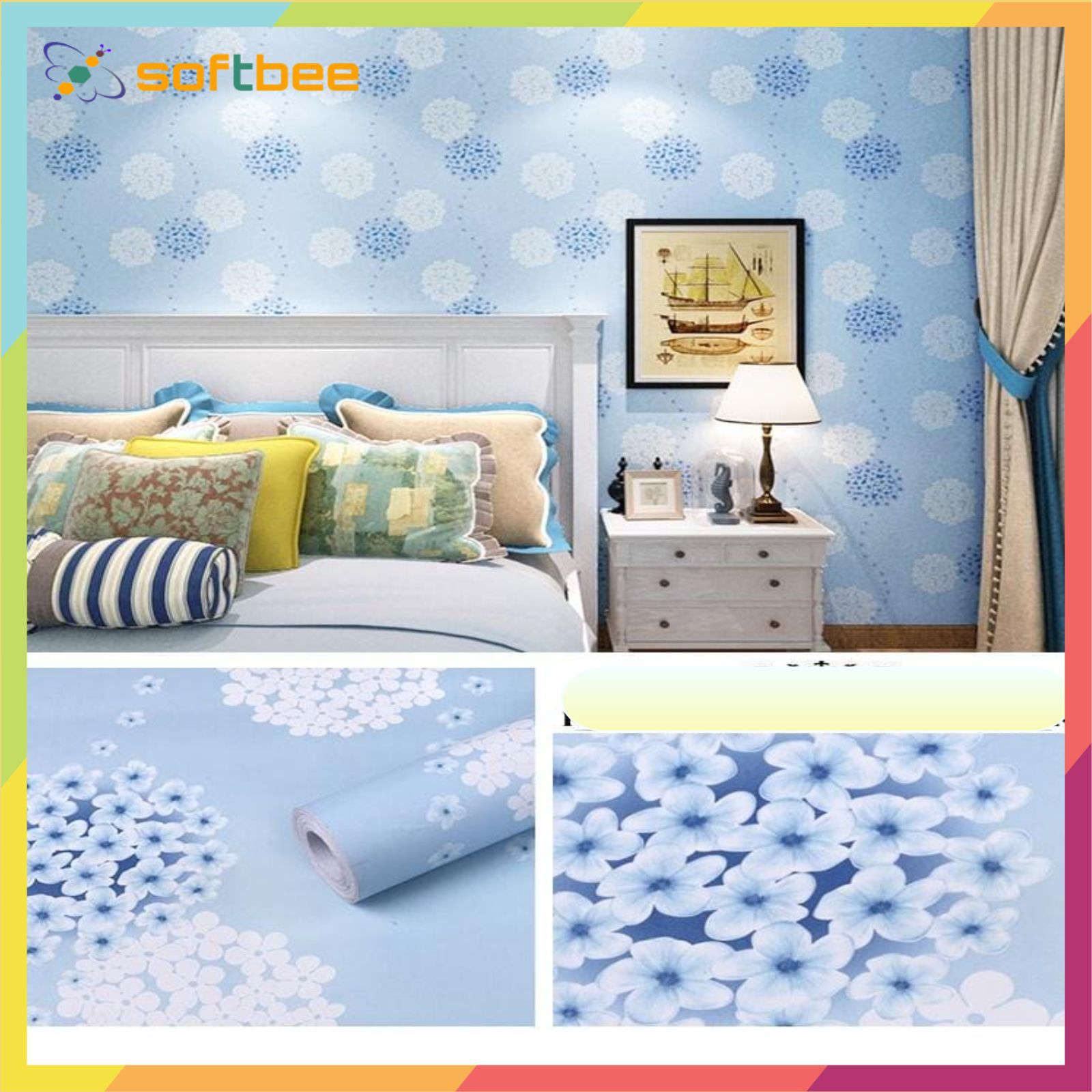 Decal dán tường in hình cẩm tú cầu xanh, kích thước 0.45m x 10m / cuộn, có sẵn keo mặt sau