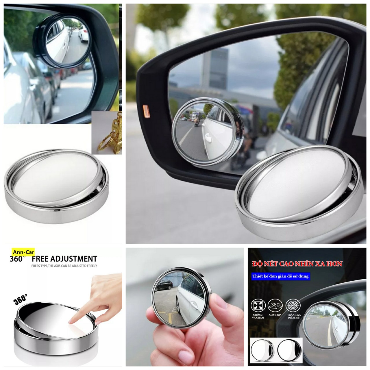 Gương cầu lồi xóa điểm mù xoay 360 độ tráng bạc có điều chỉnh gắn kính chiếu hậu xe hơi xe tải, phụ kiện ô tô