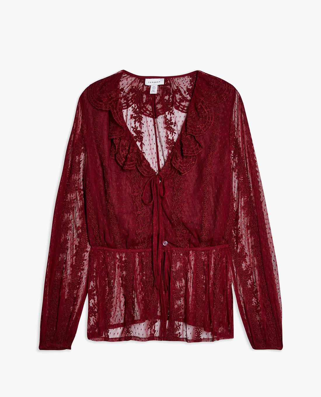 TOPSHOP - Áo kiểu nữ tay dài cổ V Burgundy Mesh Blouse 13D17RBRG