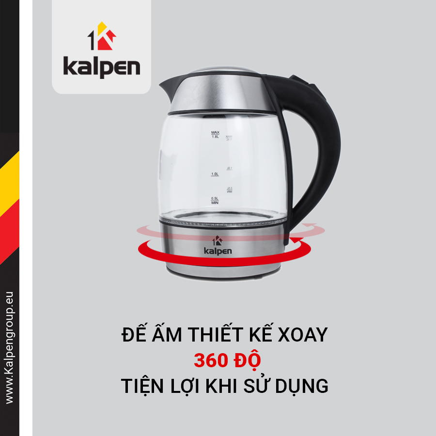 ẤM  ĐUN NƯỚC SIÊU TỐC THỦY TINH KALPEN KK66, HÀNG CHÍNH HÃNG