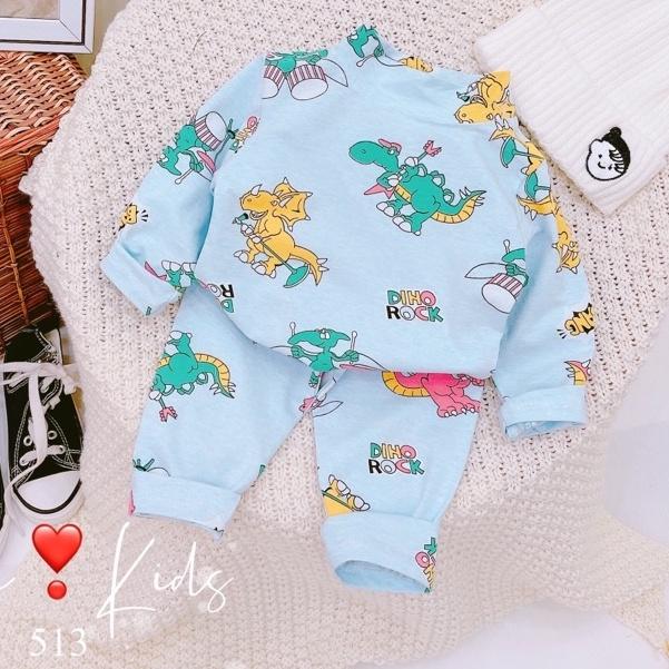 Bộ cotton cổ cao 3p quần áo bé trai hoạ tiết khủng long ô tô