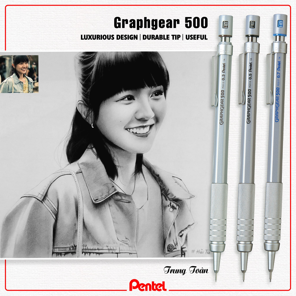 Bút Chì Kim Bấm Kỹ Thuật Pentel Graphgear 500 PG513/ 515/ 517/ 519 | Vỏ Ngoài Inox Cao Cấp Không Han Gỉ