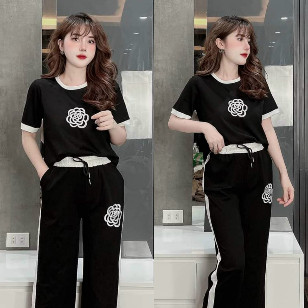 Đồ bộ thun form rộng quần ống suông thêu hoa cao cấp